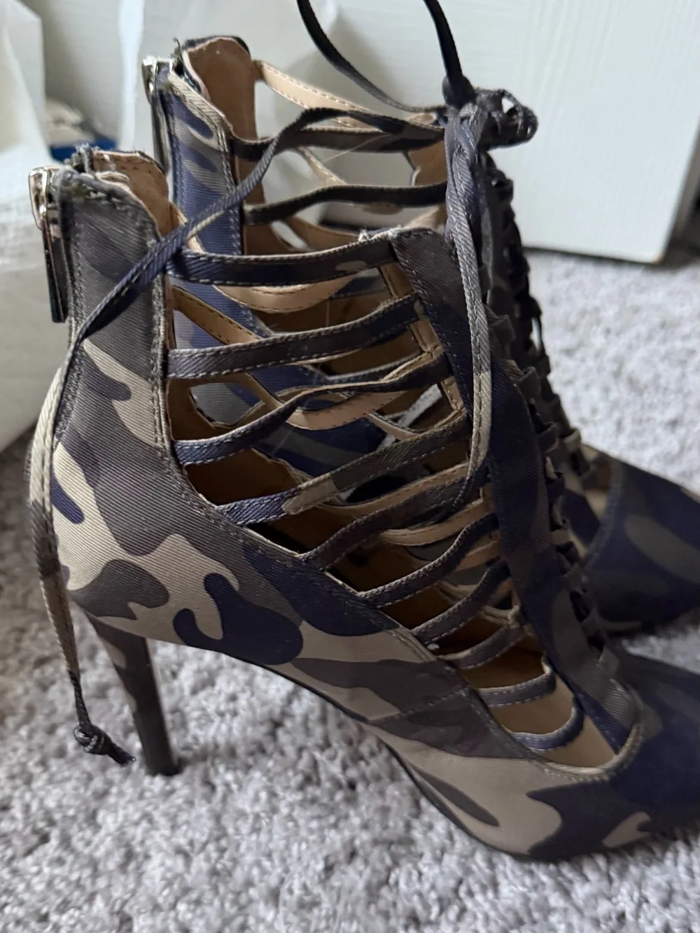 Jessica Simpson Camouflage Lace-Up Stiletto Heels in Olive & Black